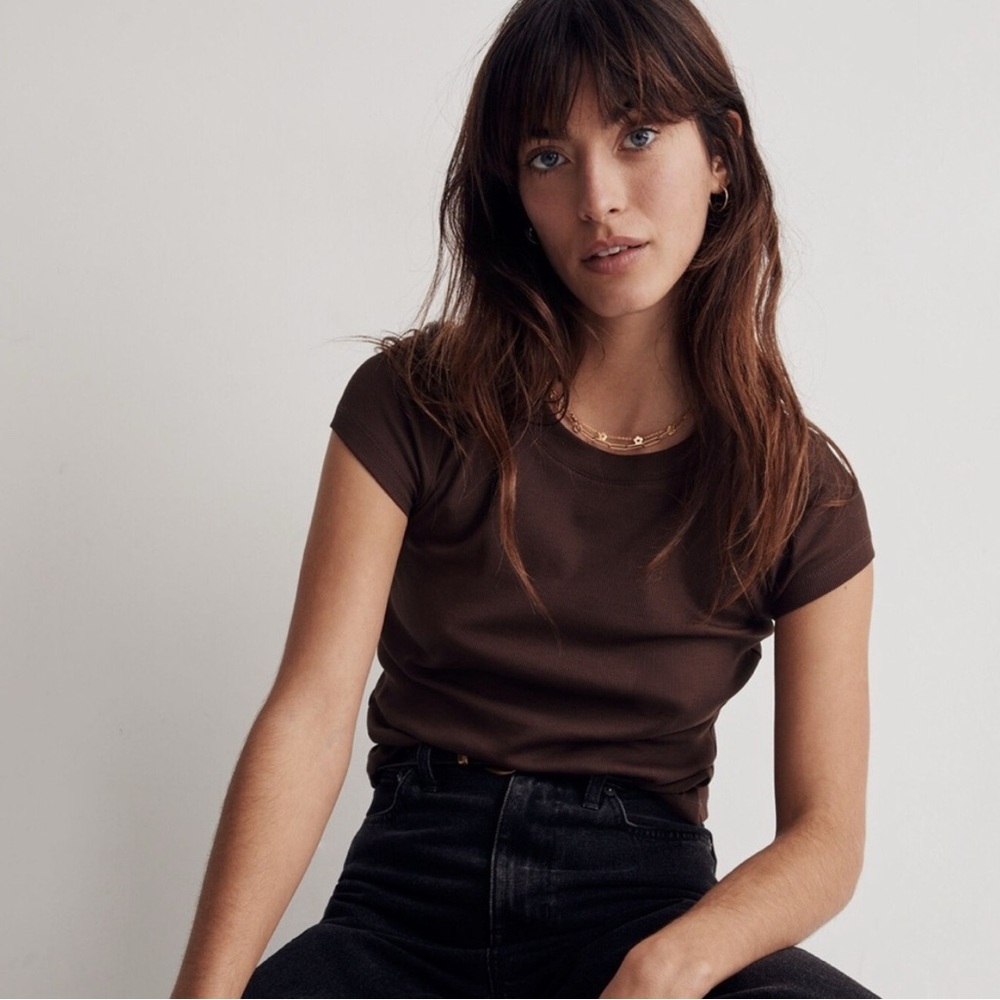 NWOT Madewell Supima Rib Brightside Tee Top Short Sleeve Size XXS Dark Brown